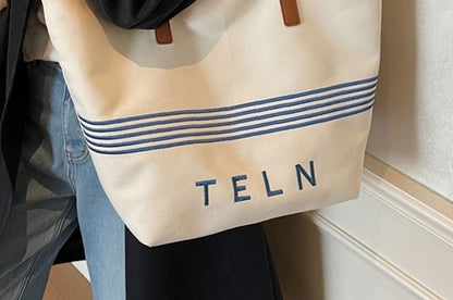 Canvas Striped Bag Embroidered Tote Lettering