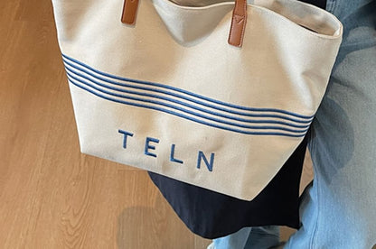 Canvas Striped Bag Embroidered Tote Lettering