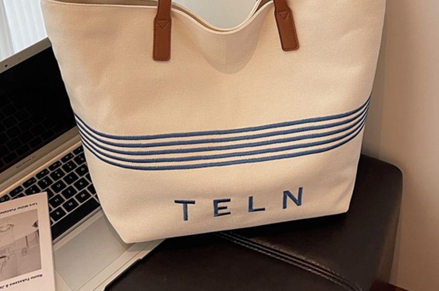Canvas Striped Bag Embroidered Tote Lettering