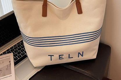 Canvas Striped Bag Embroidered Tote Lettering