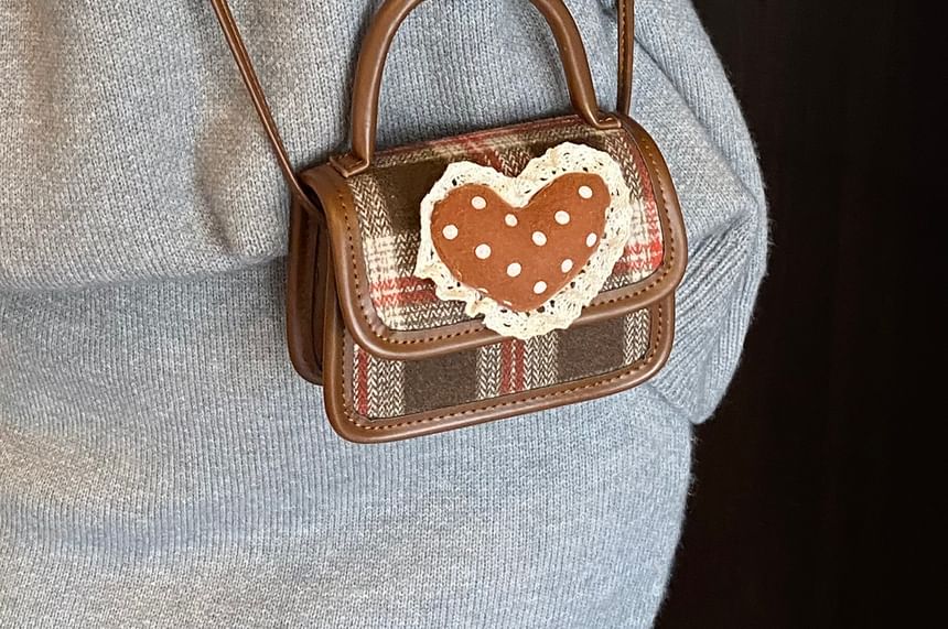 Handle Applique Flap Top Plaid Crossbody Heart Bag