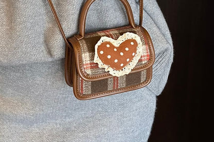 Handle Applique Flap Top Plaid Crossbody Heart Bag