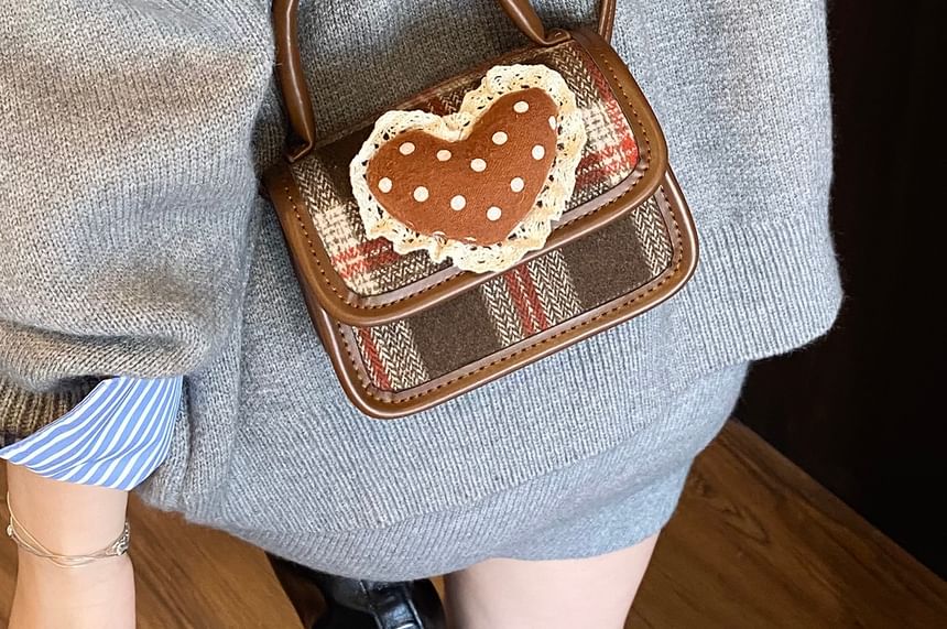 Handle Applique Flap Top Plaid Crossbody Heart Bag