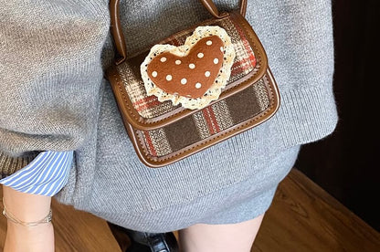 Handle Applique Flap Top Plaid Crossbody Heart Bag
