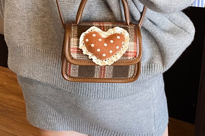 Handle Applique Flap Top Plaid Crossbody Heart Bag