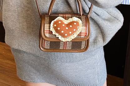 Handle Applique Flap Top Plaid Crossbody Heart Bag