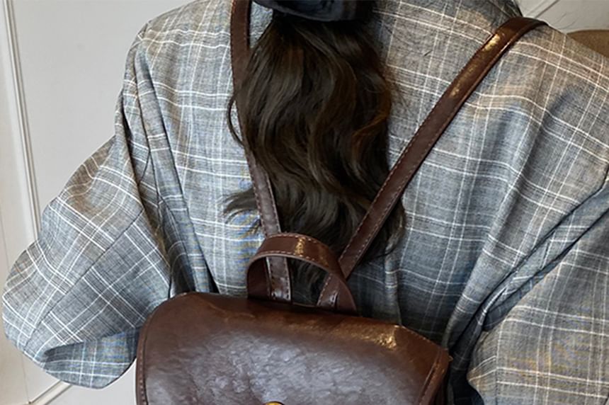 Leather Flap Backpack Faux Buckle