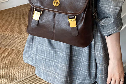 Leather Flap Backpack Faux Buckle