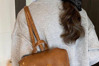 Leather Flap Backpack Faux Buckle