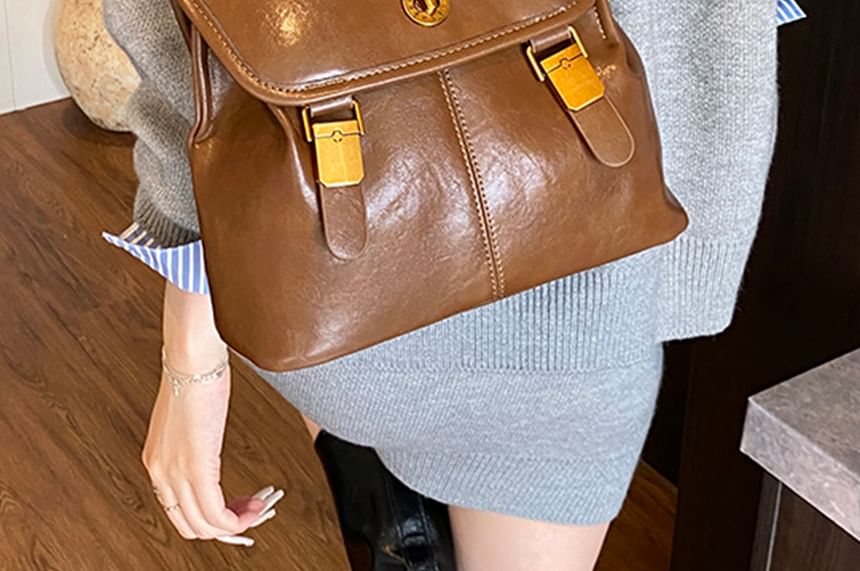 Leather Flap Backpack Faux Buckle