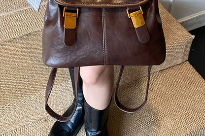 Leather Flap Backpack Faux Buckle