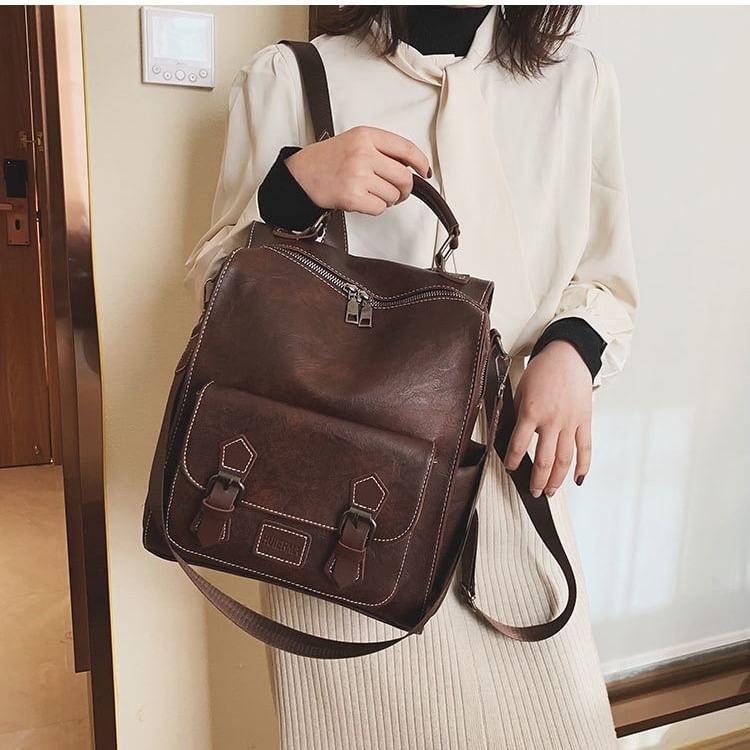 Buckled Backpack Leather Faux