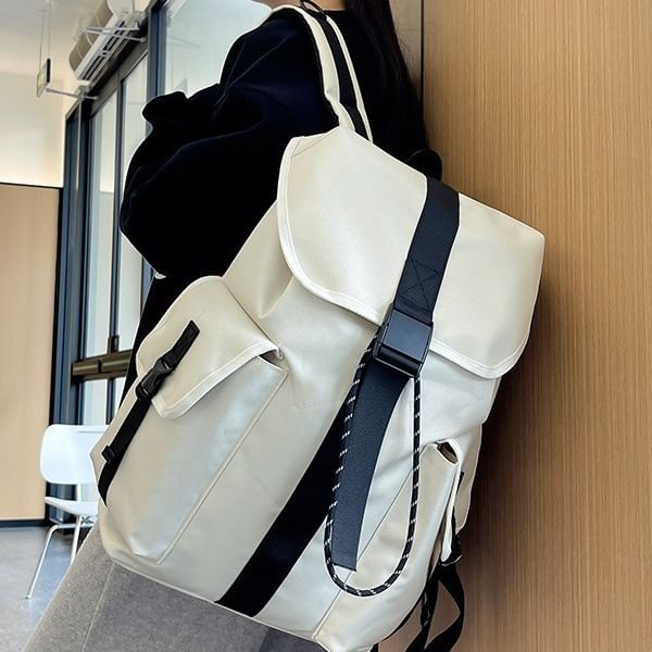 Unisex Drawstring Nylon Backpack Buckled Plain