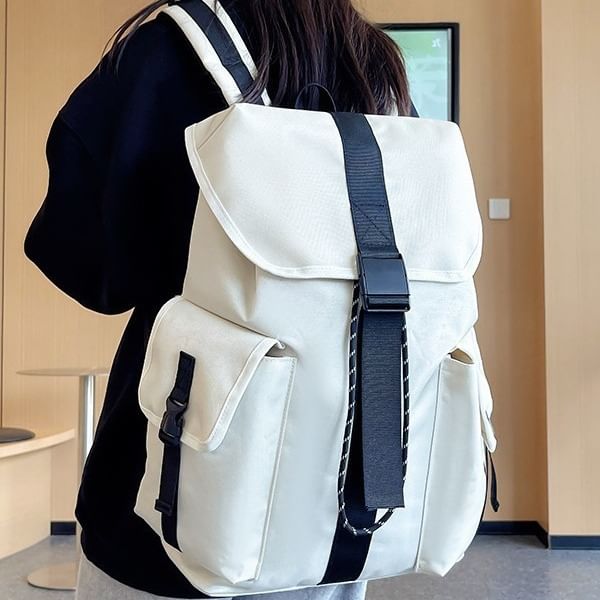Unisex Drawstring Nylon Backpack Buckled Plain