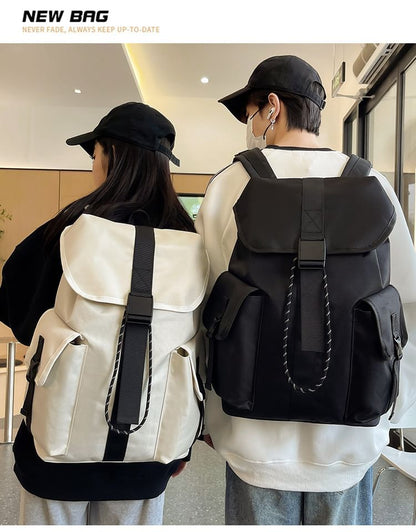 Unisex Drawstring Nylon Backpack Buckled Plain