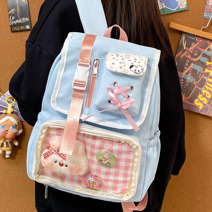 Ribbon Buckled Backpack PVC Nylon Panel Gingham