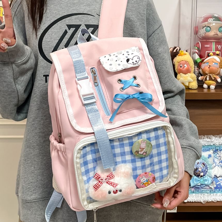 Ribbon Buckled Backpack PVC Nylon Panel Gingham