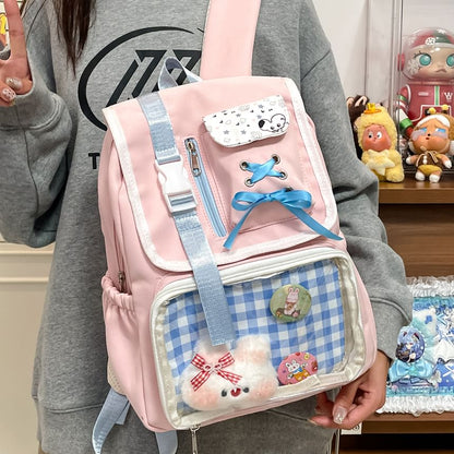 Ribbon Buckled Backpack PVC Nylon Panel Gingham