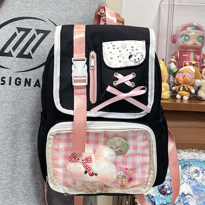 Ribbon Buckled Backpack PVC Nylon Panel Gingham