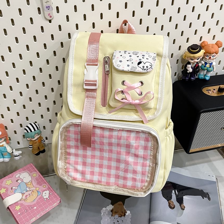 Ribbon Buckled Backpack PVC Nylon Panel Gingham