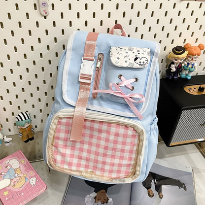 Ribbon Buckled Backpack PVC Nylon Panel Gingham