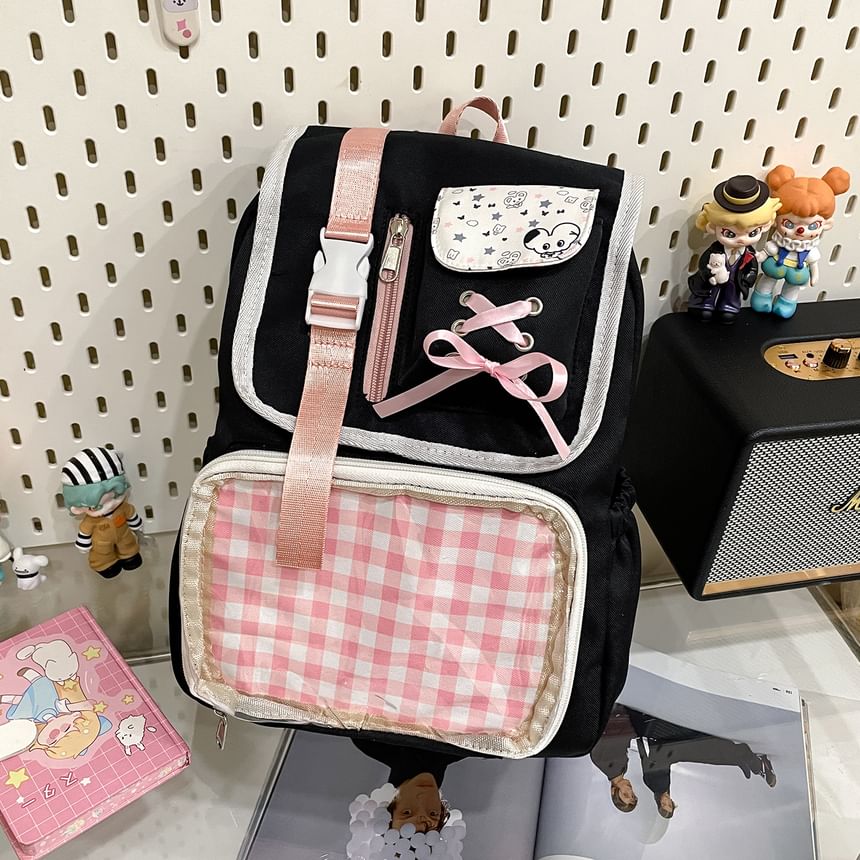 Ribbon Buckled Backpack PVC Nylon Panel Gingham
