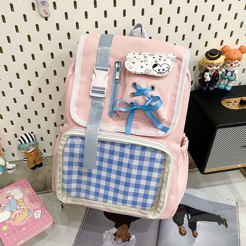 Ribbon Buckled Backpack PVC Nylon Panel Gingham
