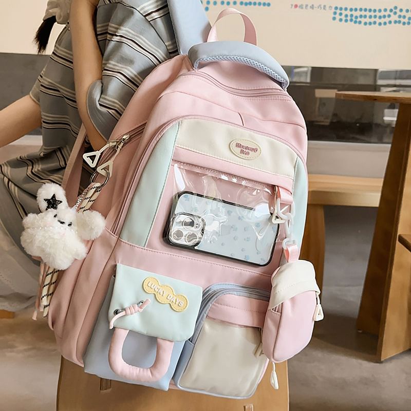 Nylon Coin Buckled Applique Panel With Purse Backpack PVC