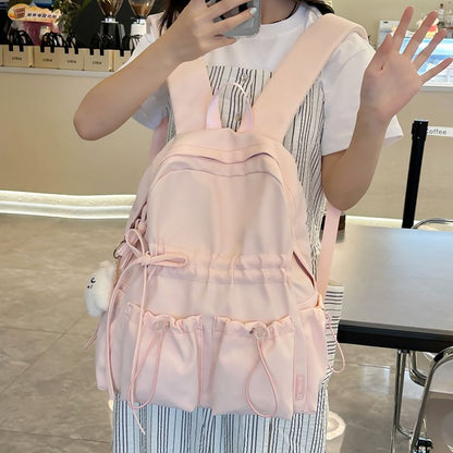 Drawstring Bow Backpack Plain Nylon