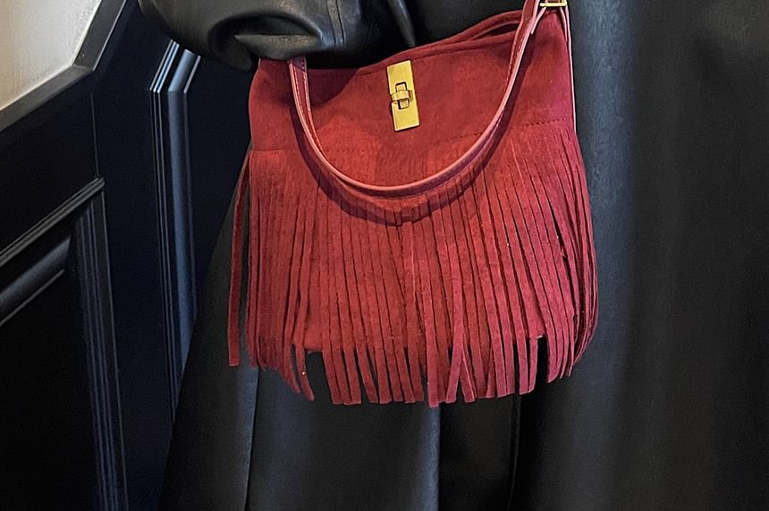 Crossbody Fringe Faux Plain With Suede Pouch Bag