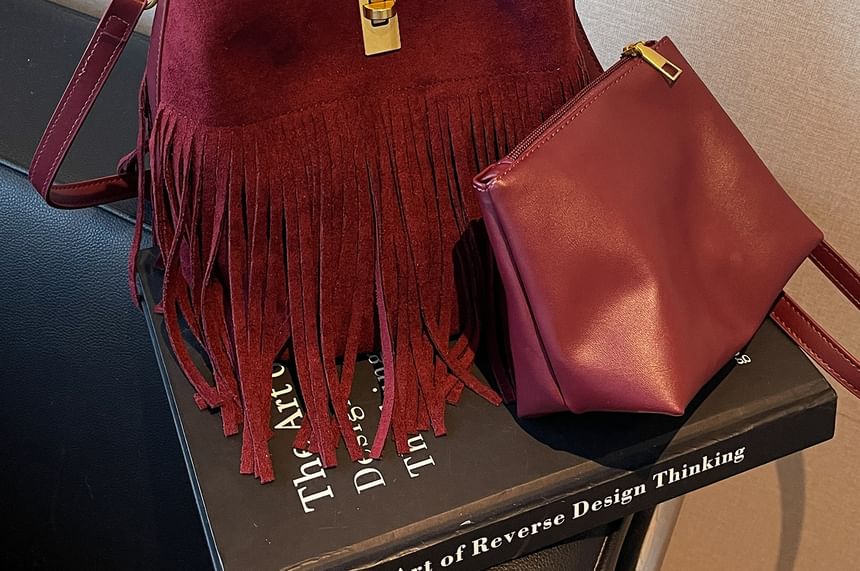 Crossbody Fringe Faux Plain With Suede Pouch Bag