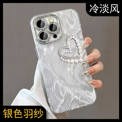 Heart Faux Pearl Rhinestone Phone Case / Strap / Set
