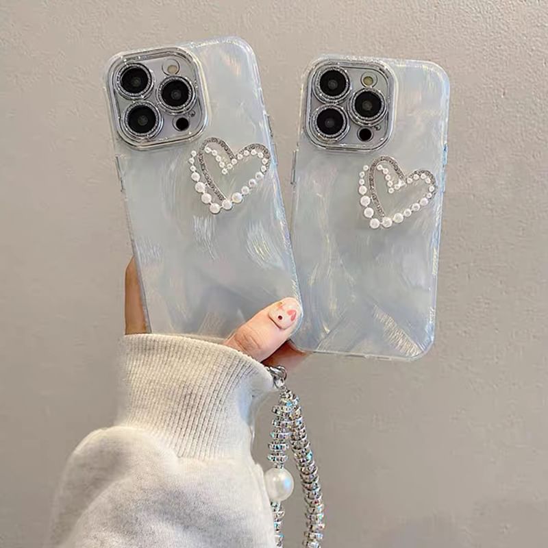 Heart Faux Pearl Rhinestone Phone Case / Strap / Set
