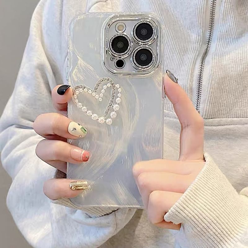 Heart Faux Pearl Rhinestone Phone Case / Strap / Set