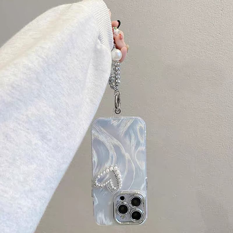 Heart Faux Pearl Rhinestone Phone Case / Strap / Set