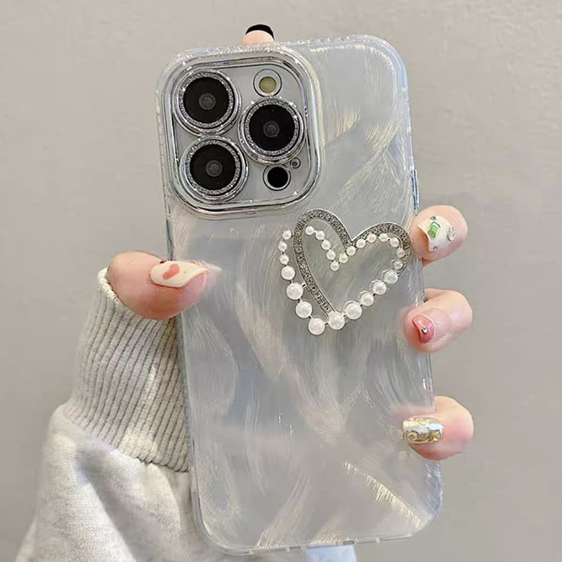 Heart Faux Pearl Rhinestone Phone Case / Strap / Set