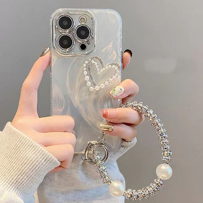Heart Faux Pearl Rhinestone Phone Case / Strap / Set