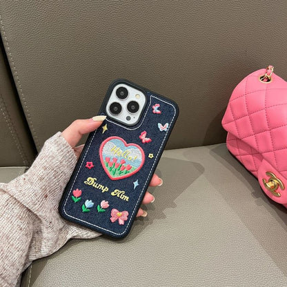 Heart Tulip Embroidered Denim Phone Case