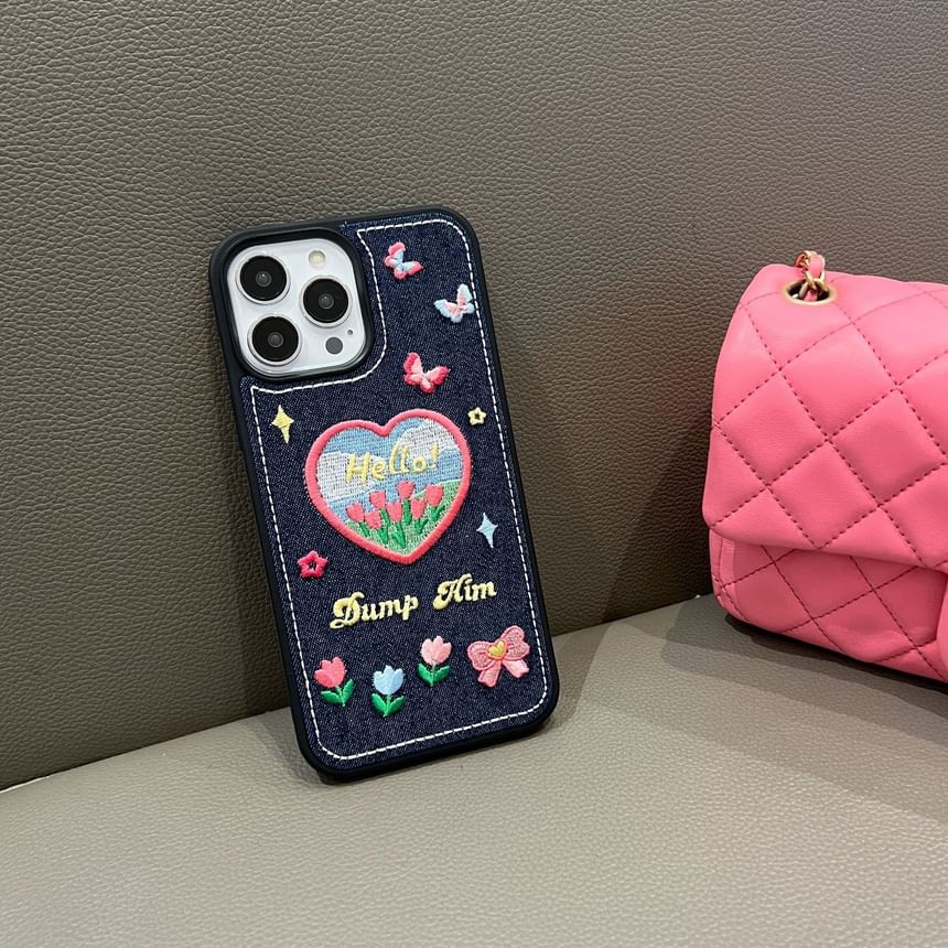 Heart Tulip Embroidered Denim Phone Case
