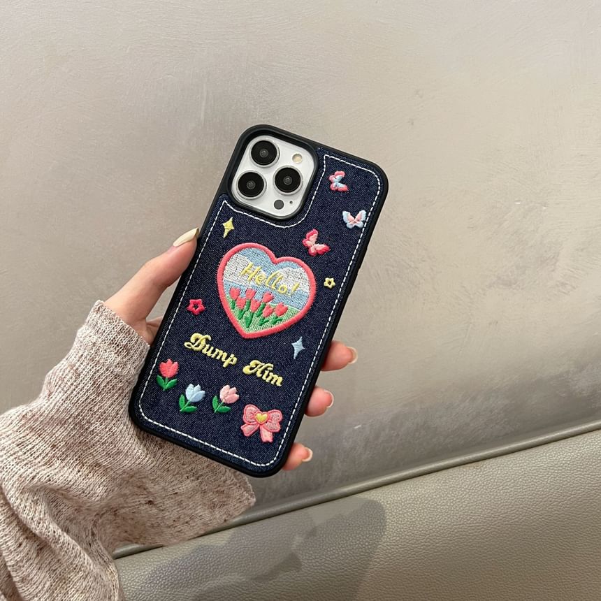 Heart Tulip Embroidered Denim Phone Case