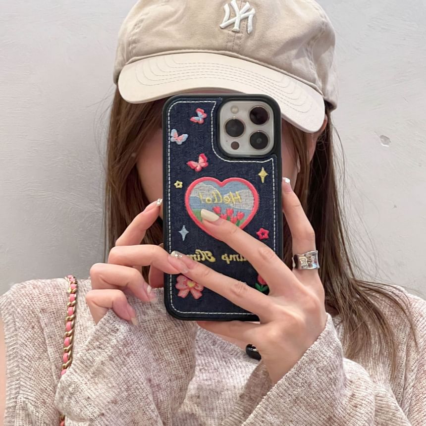 Heart Tulip Embroidered Denim Phone Case