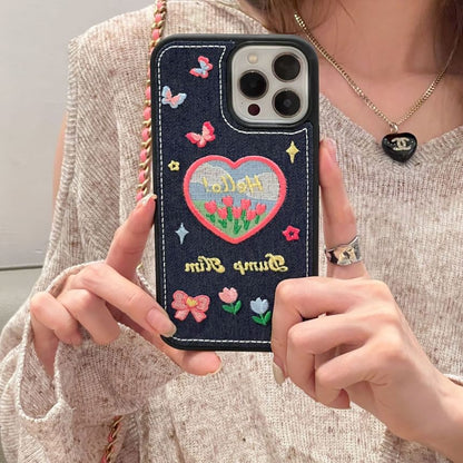 Heart Tulip Embroidered Denim Phone Case
