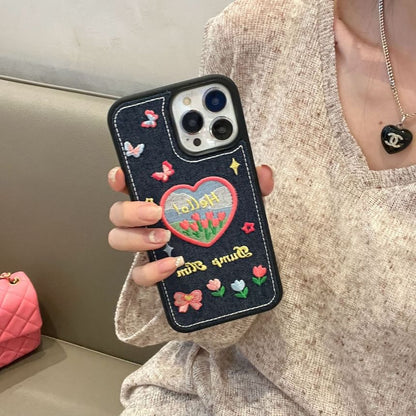 Heart Tulip Embroidered Denim Phone Case