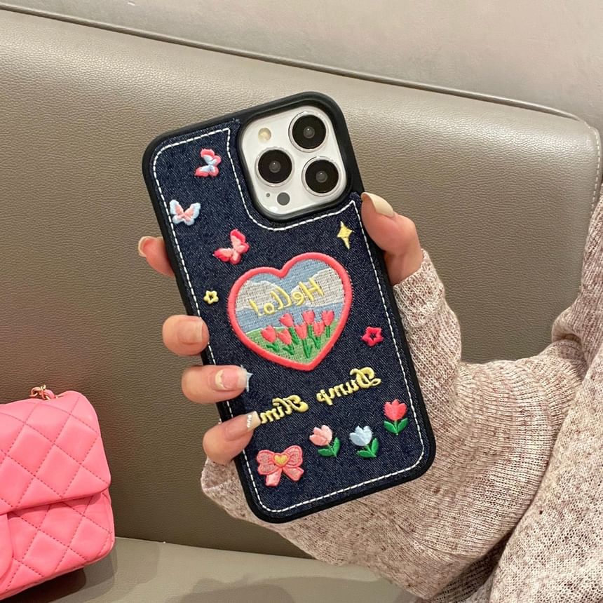 Heart Tulip Embroidered Denim Phone Case