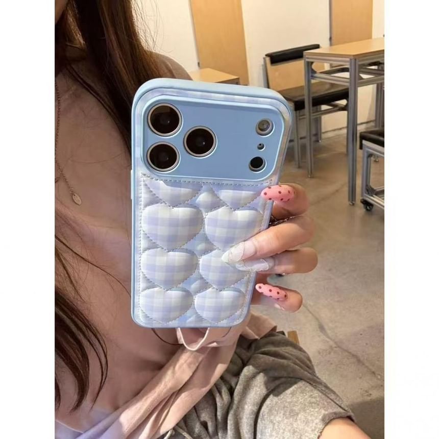 Heart Plaid Embroidered Phone Case