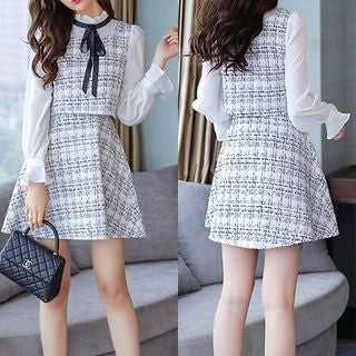 Long Sleeve Ruffled Collar Tweed Mock Two-Piece Dress