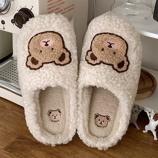 Bear Embroidered Fluffy Home Slippers