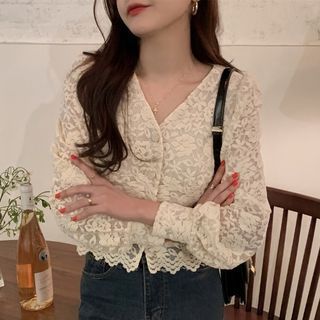 Long-Sleeve V-Neck Lace Cropped Blouse