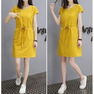 A-Line Short-Sleeve V-Neck Dress Plain Mini Drawstring-Waist