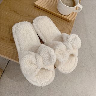 Pineapple Embroidered Fluffy Bow Slippers